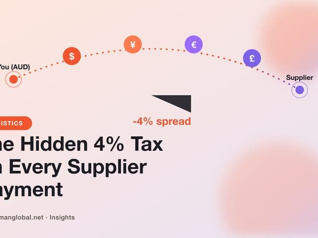 Illustrated cover: a cross-border payment flow with currency chips ($, ¥, €, £) travelling from an AUD account to an overseas supplier, and a '-4% spread' wedge skimming the transfer, in Tasman Global's coral and purple brand colours.