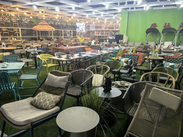 Factory showroom with outdoor furniture on display, photographed during a Tasman Global supplier audit in China